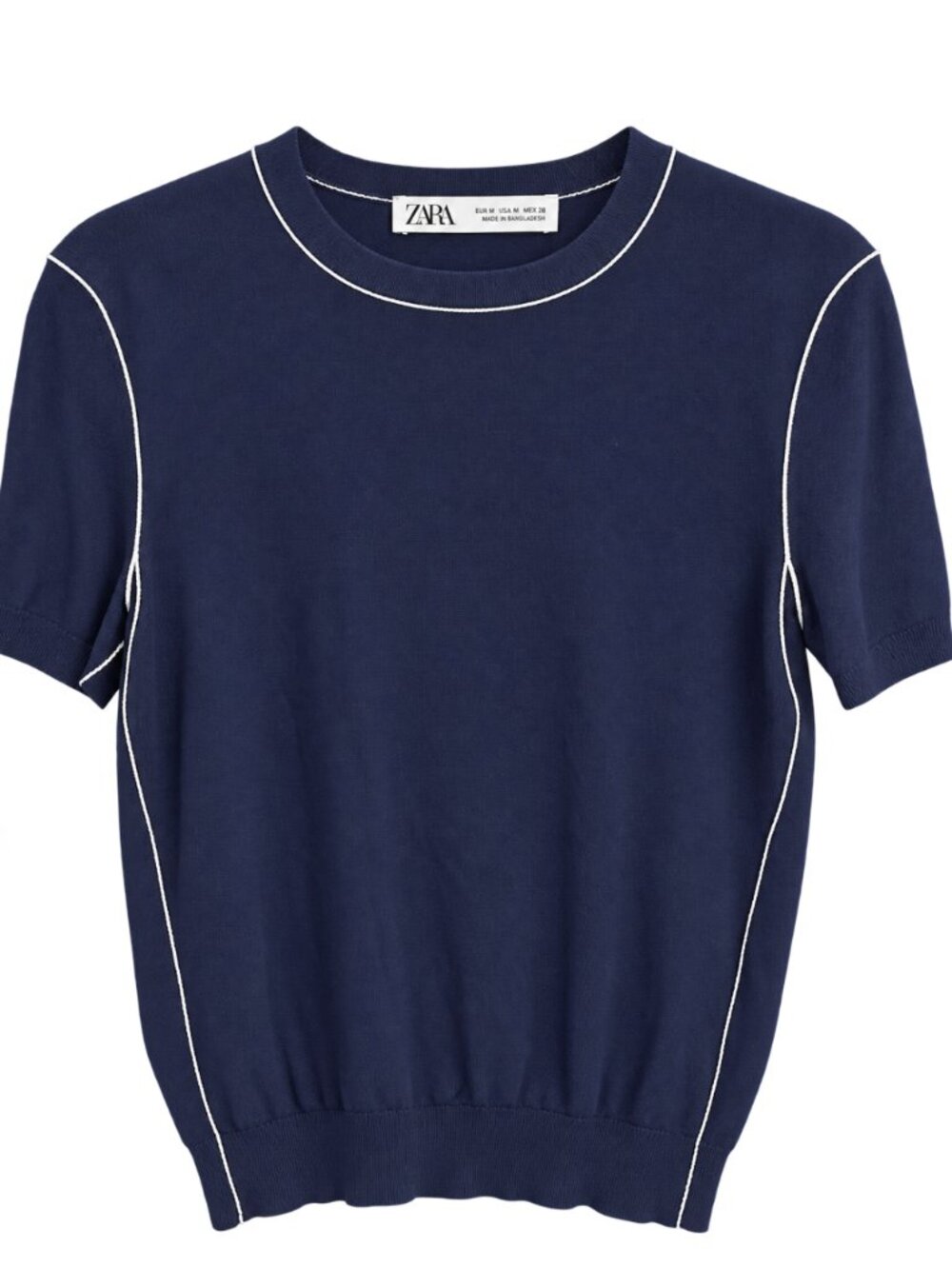 Zara Navy White Piping Short Sleeve Knit Top Size M